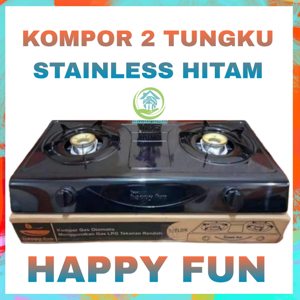 Jual Kompor Dua Tungku Stainless Hitam Kompor 2 Tungku Happy Fun