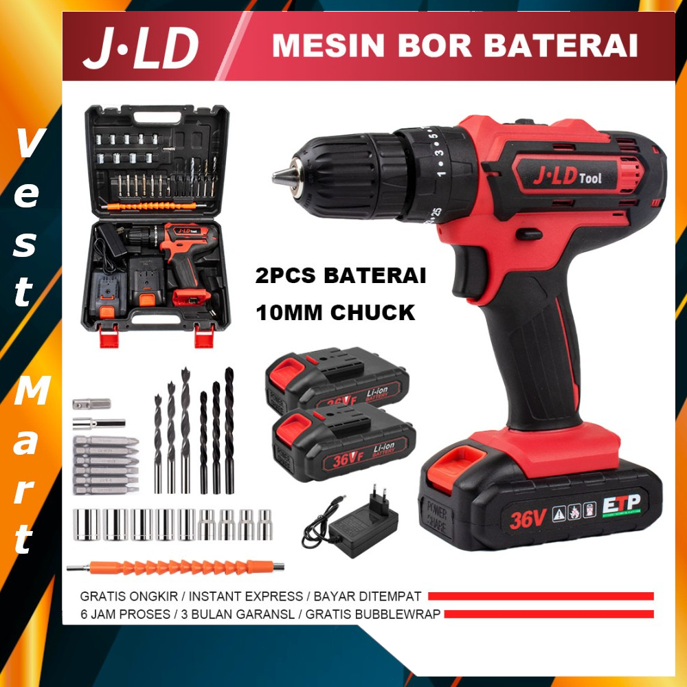 Jual JLD Mesin Bor 2 Baterai 36Vf Cordless Hand Drill Bisa Bolak Balik ...