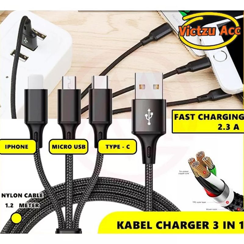 Jual KABEL CHARGER 3 IN 1 FAST CHARGING KABEL DATA KABEL CAS LIGHTNING ...