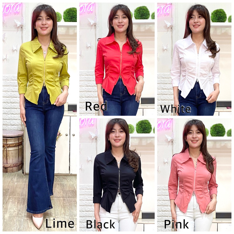 Kemeja Lengan Panjang Zoella White Navy