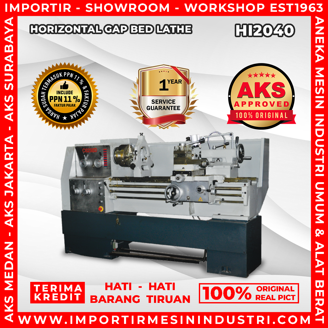 Jual Mesin Bubut Besi Horizontal Bed Lathe Machine 400x1030mm HI2040 ...