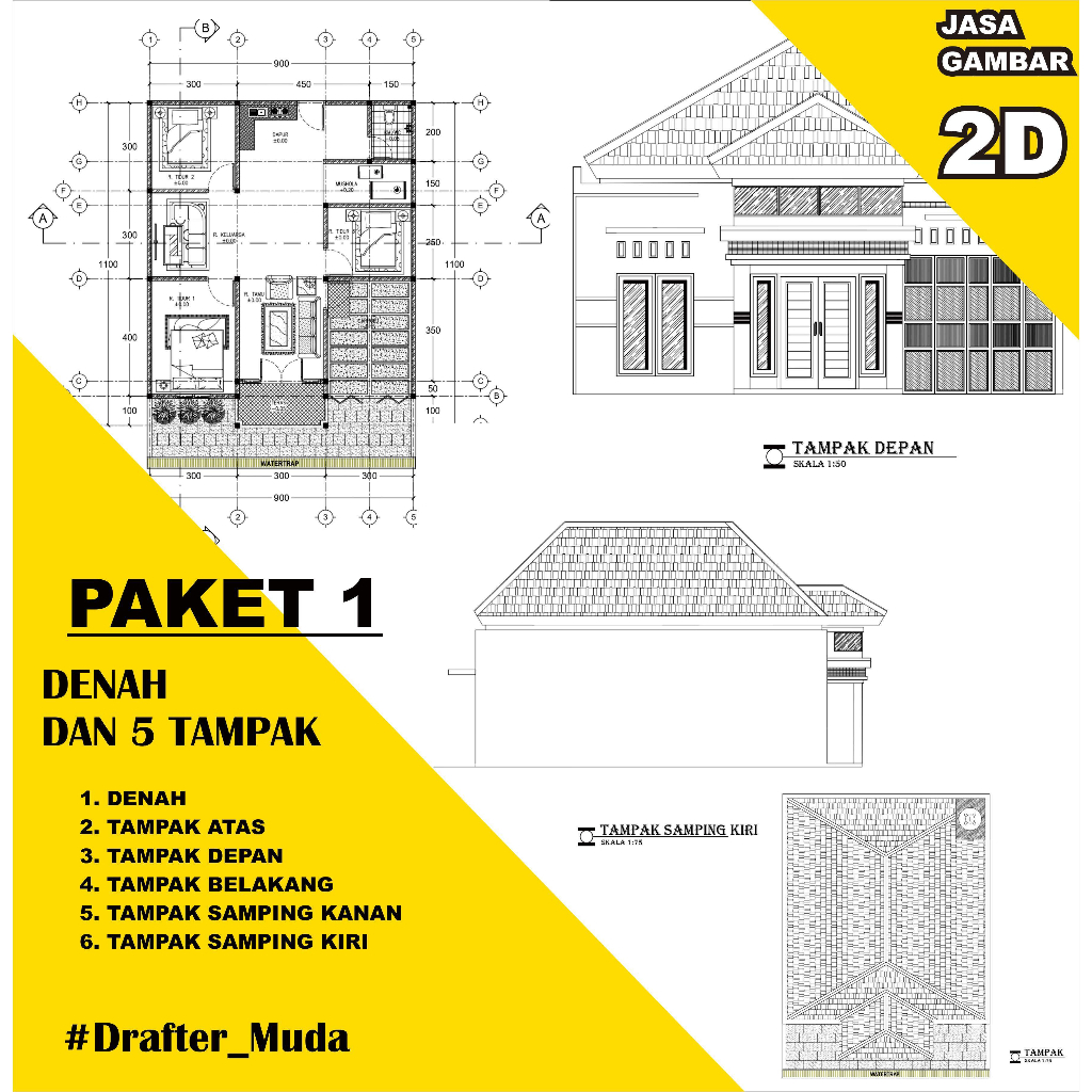 Jual (DENAH RUMAH 2D) Jasa gambar PAKET 1 (DENAH DAN 5 TAMPAK) | Shopee