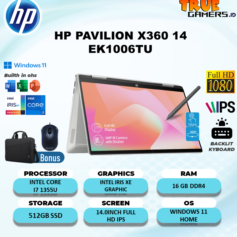 Jual Laptop Hp Pavilion X360 14 Ek1006tu Touch I7 1355u 16gb 512ssd Irisxe W11ohs 140fhd Ips 9792