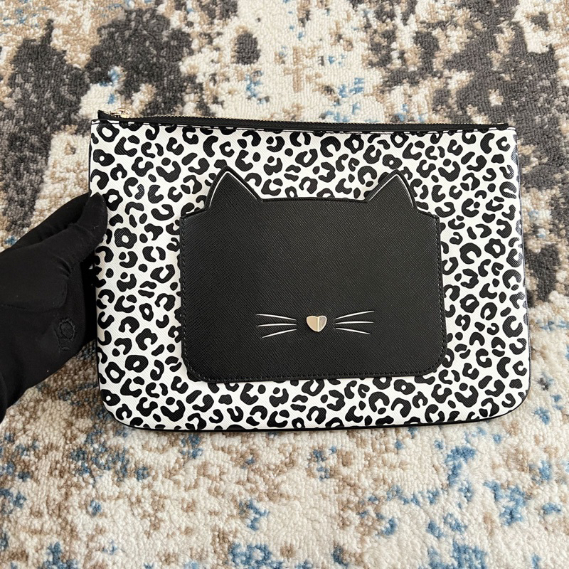 Kate Spade meow cat top large zip pouch Clutch