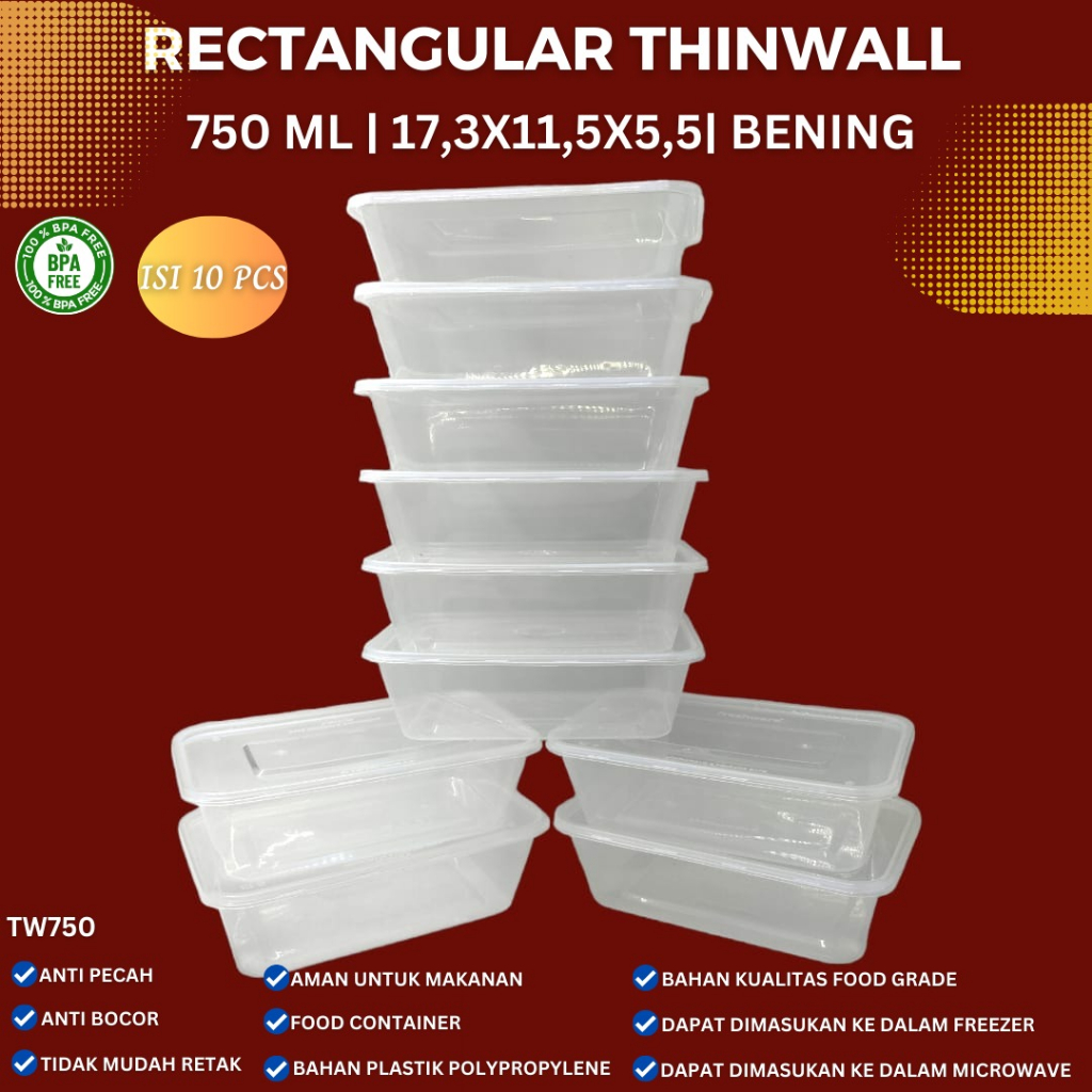 Jual Thinwall Rectangle 750 Ml Food Container (Isi 10-TW750) | Shopee ...