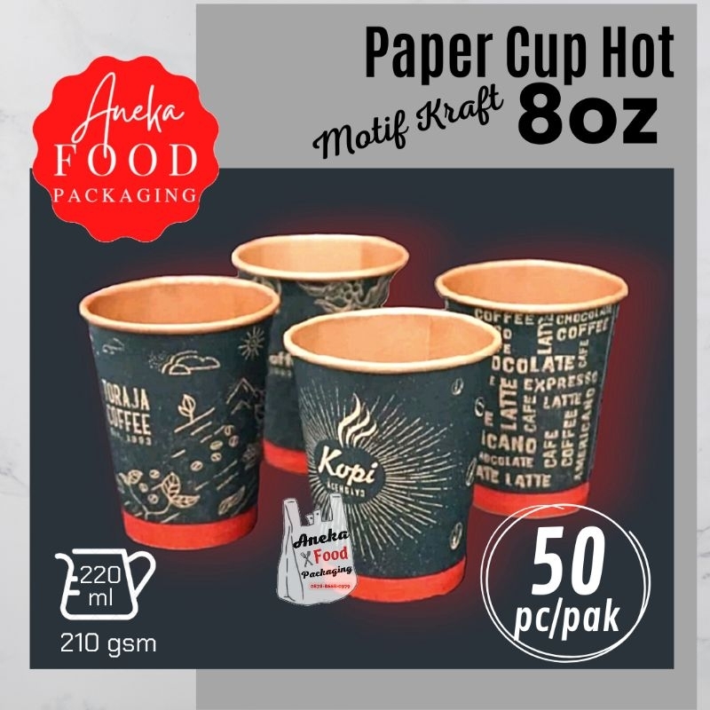 Jual 50pc Hot Paper Cup 8oz Coffee Design Polos Kraft Motifgelas Kertas Kopi 220ml Shopee 4027