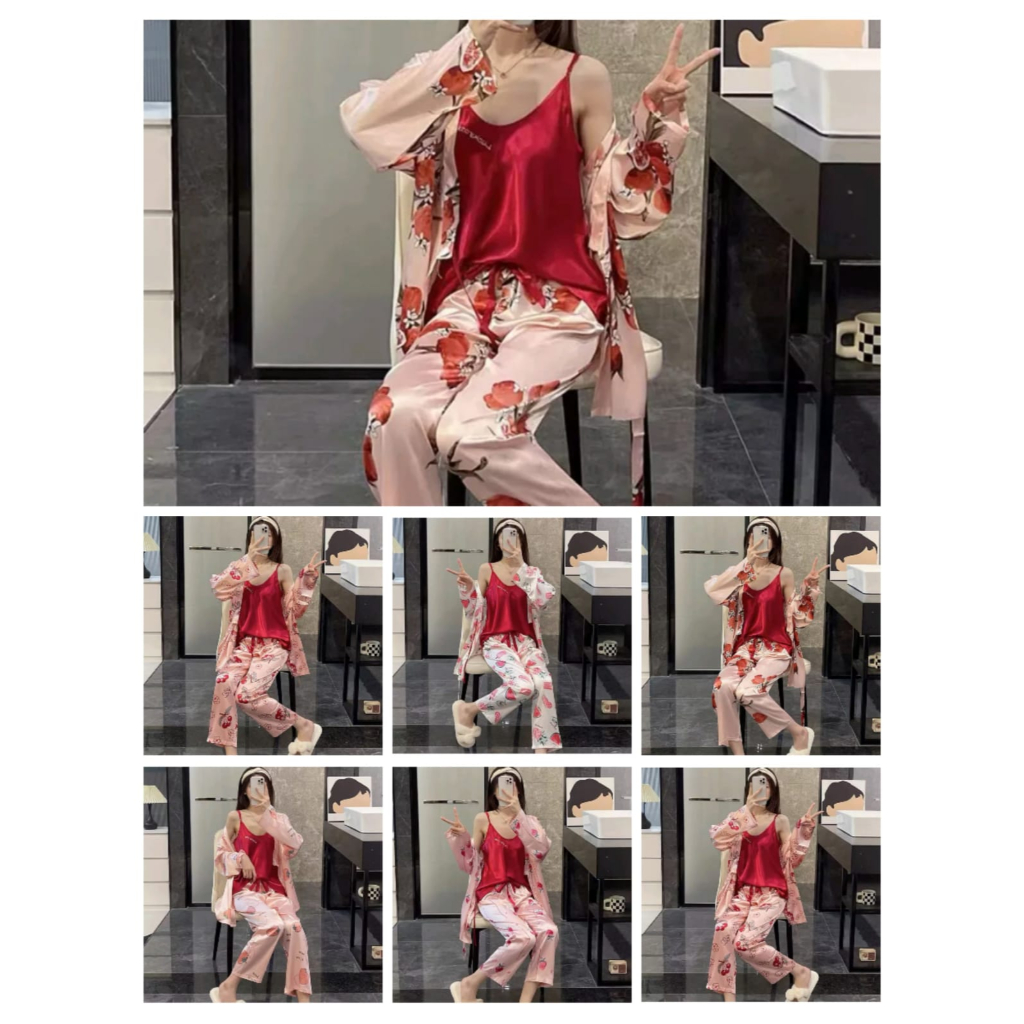 Jual Set Kimono Satin 3in1 Import PP / Kimono sleepwear / Kimono Satin