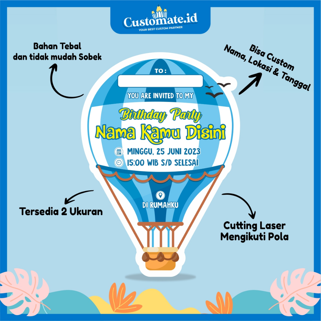 Jual CUSTOMATE Kartu Undangan Ulang Tahun Karakter Balon Udara Custom ...