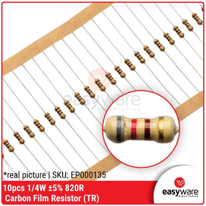 Jual 10pcs Resistor 820 Ohm 1/4W 5% Carbon Resistor 820R 0.25W 0.25 ...