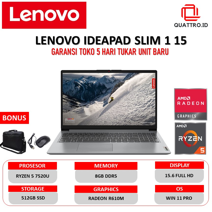 Jual Laptop Lenovo IDEAPAD slim 1 15 AMD Ryzen 5 7520u 8GB DDR5 512GB ...