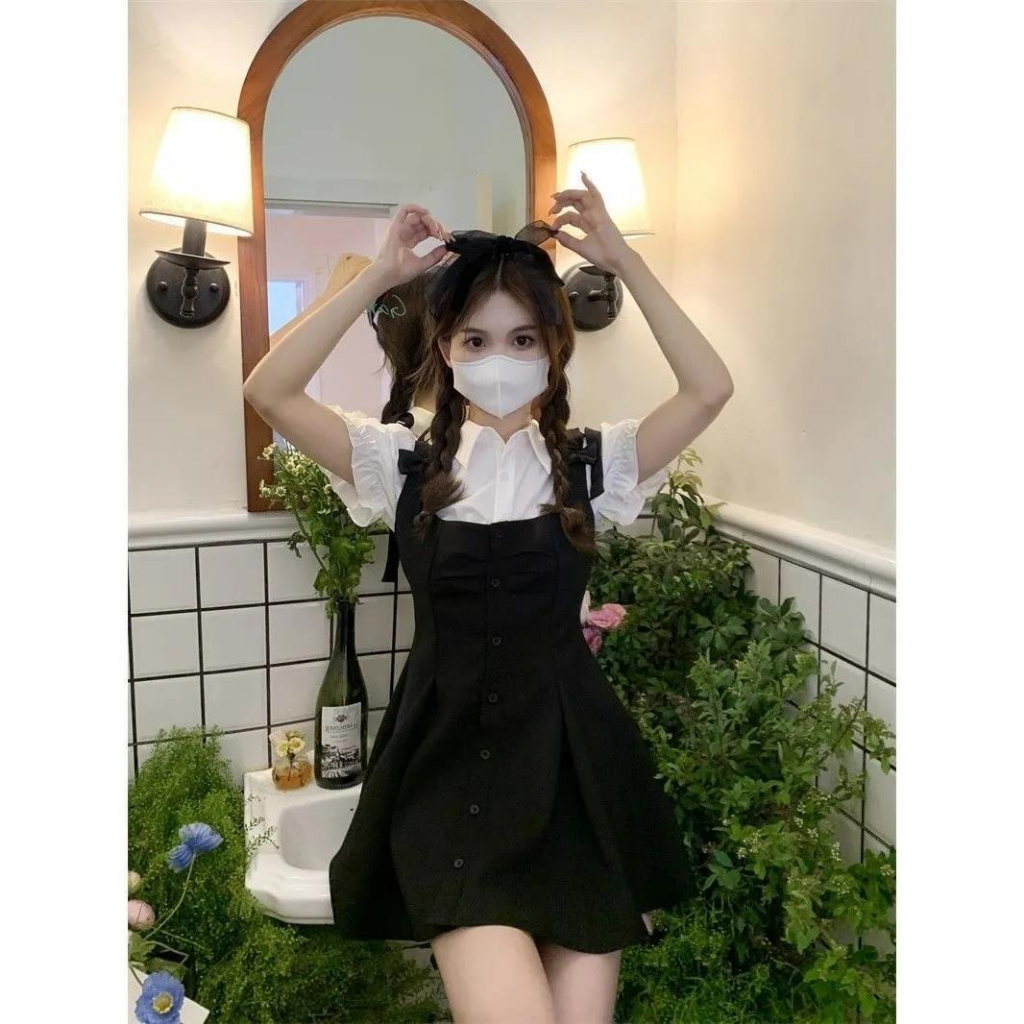Jual College style suspender skirt suit puff sleeve shirt female ...