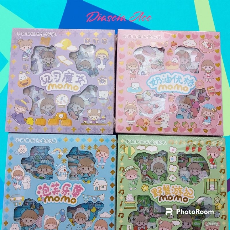 Jual Sticker Waterproof Stiker buku Momo Dapat Box Isi 100 Lembar Motif