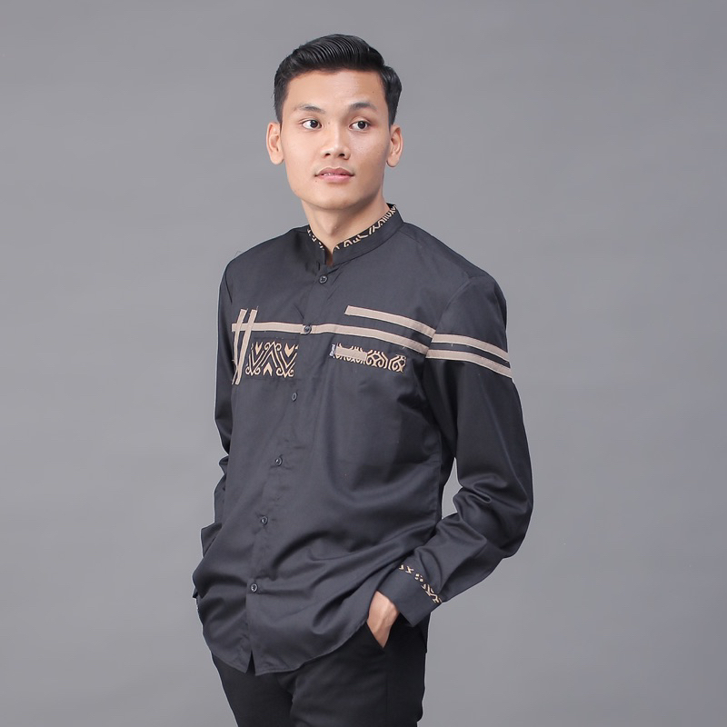 Jual Baju Koko Pria Elrumi Lengan Panjang Motif Zolied Warna Hitam Kombinasi Batik Shopee