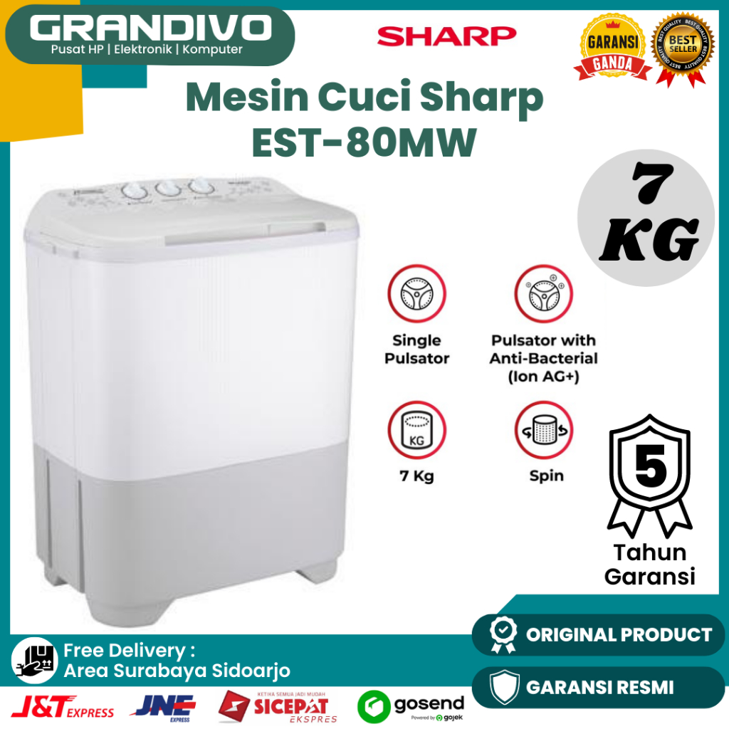 Jual Mesin Cuci 2 Tabung Sharp 7KG Sharp EST 80MW Low Watt Garansi ...