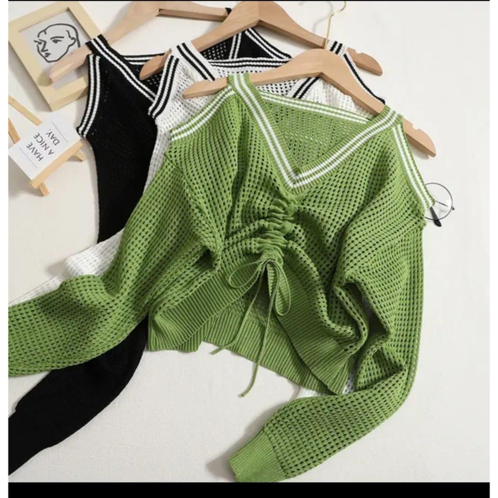 Jual outer rajut jaring crop top 2 in 1/crop top rajut jaring plus iner ...