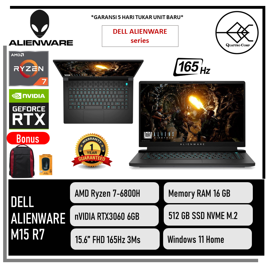 Jual Dell Alienware M15 R7 Ryzen 7 6800h Rtx3060 6gb Ram 16gb 512gb