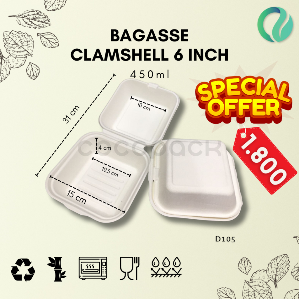 Jual Bagasse Clamshell 6 inch 450ml White Ekonomis bento Box (25 PCS ...