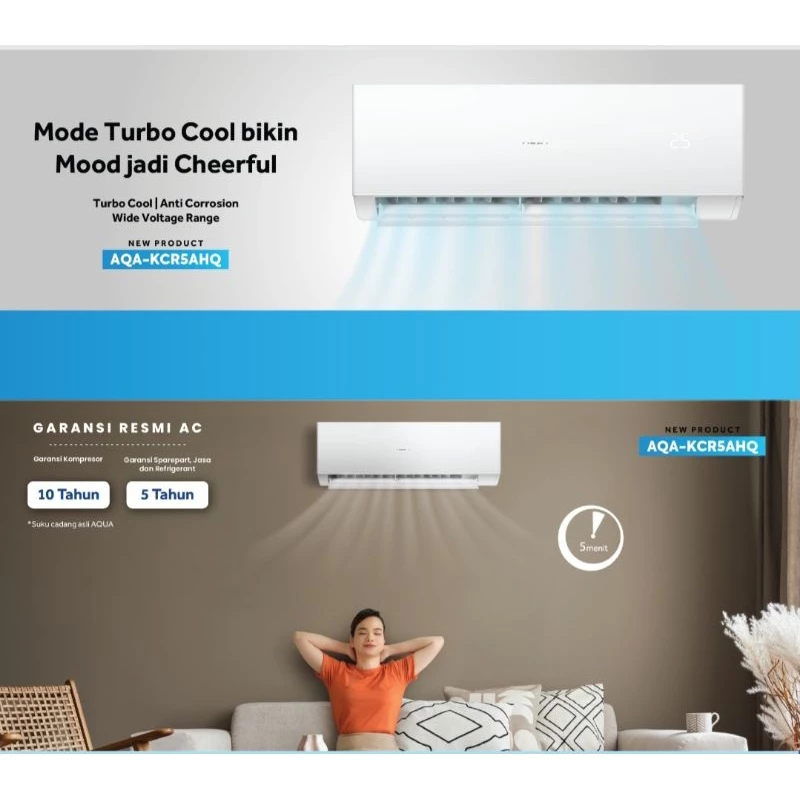 AC AQUA JAPAN 1/2 PK AQA-KCR05FQDL dengan teknologi Turbo Cooling dan UVC Sterilisasi
