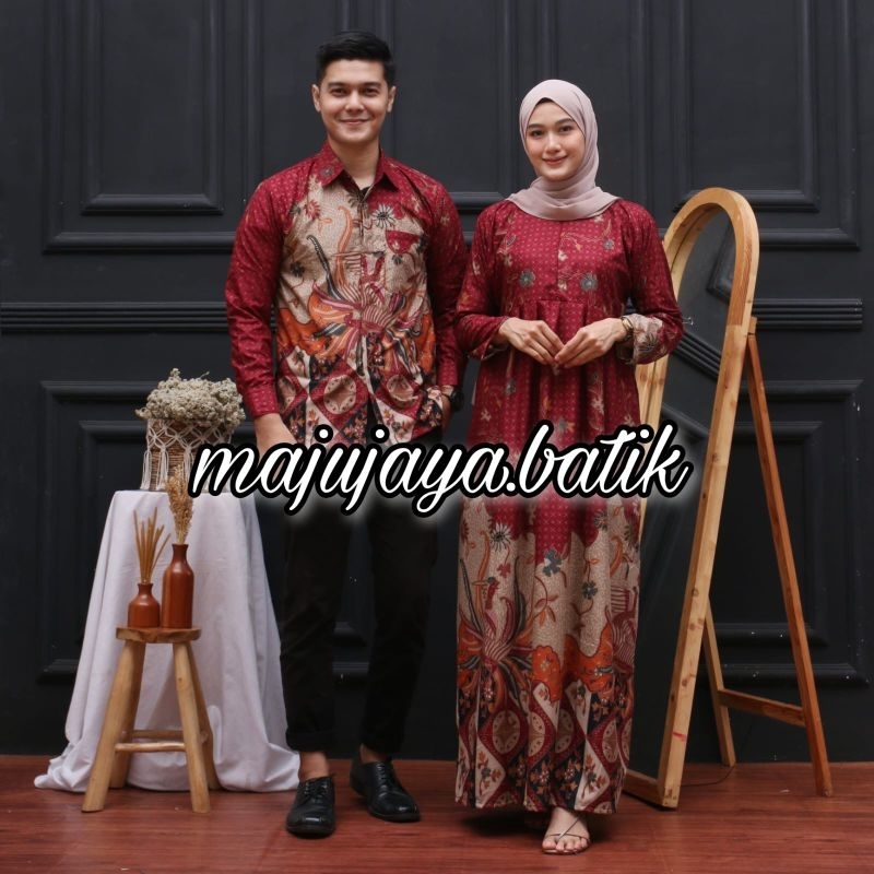 Jual Batik Couple Baju Batik Couple Kemeja Panjang Gamis Maxi Tali Samping Motif Korpri Merah 1403