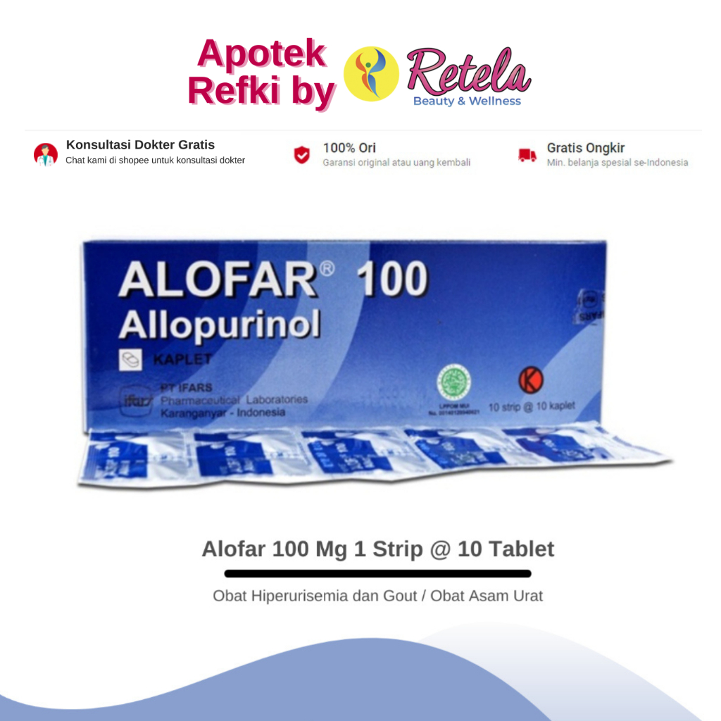 Jual Alofar 100 Mg 1 Strip 10 Tablet / Allopurinol 100 Mg / Obat