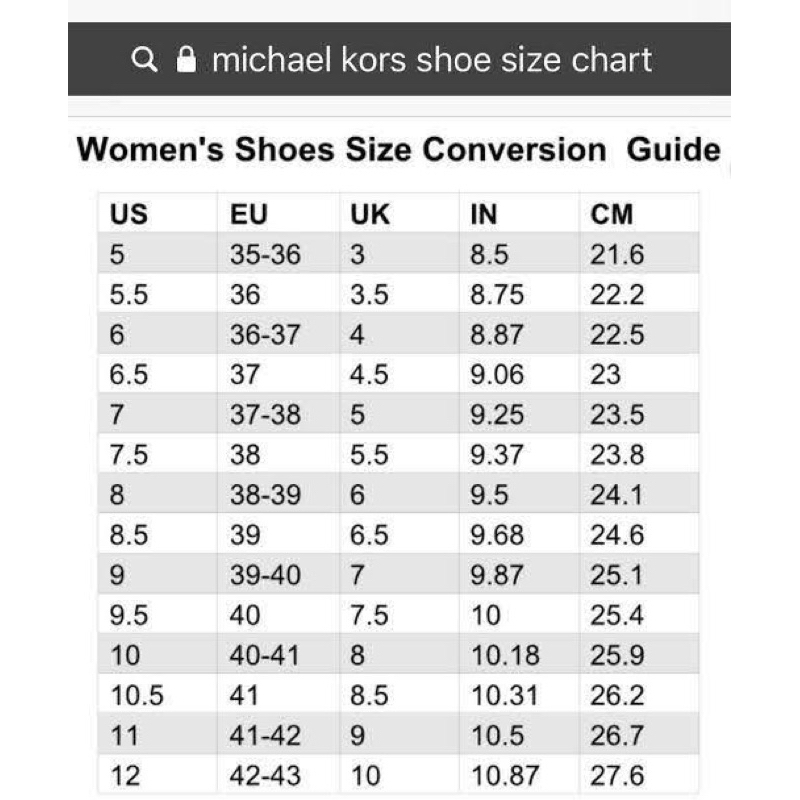 Size chart sepatu michael on sale kors