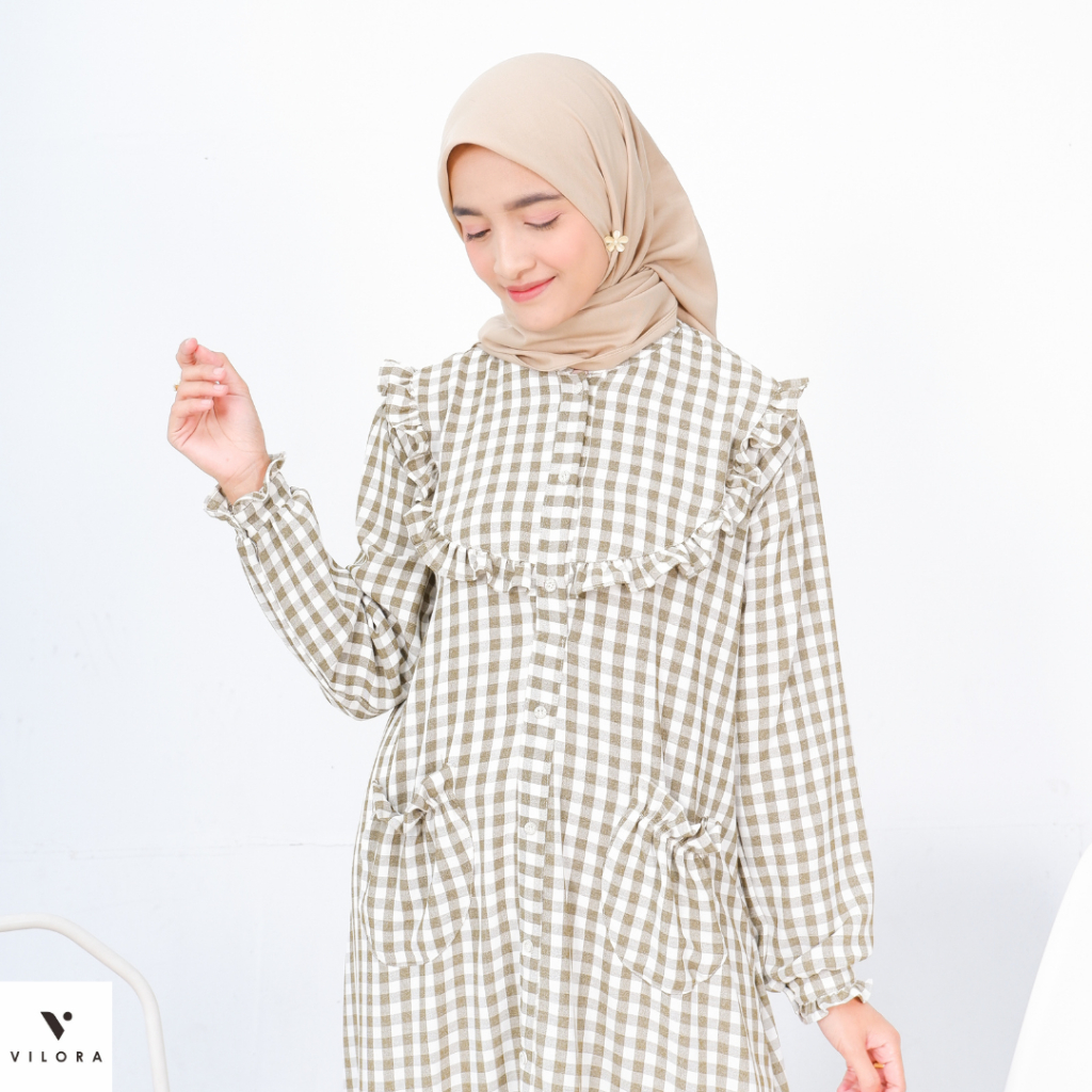 Jual Vilora Vahira Midi Dress (Midi Dress KotakKotak) Shopee Indonesia