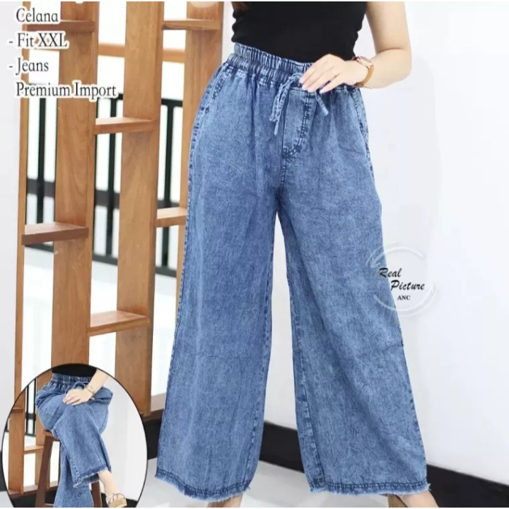 Jual Celana Kulot Jeans Pinggang Karet Celana Panjang Wanita Shopee