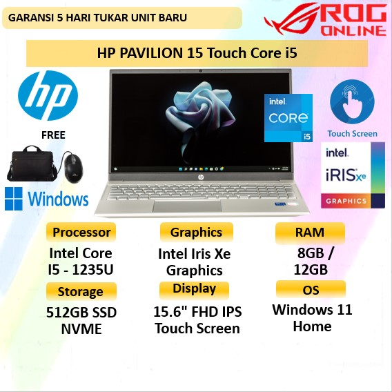 Jual Laptop HP Pavilion 15 Touch Core i5 1235 12GB 512GB SSD Windows 11 Home 15.6" IPS Laptop