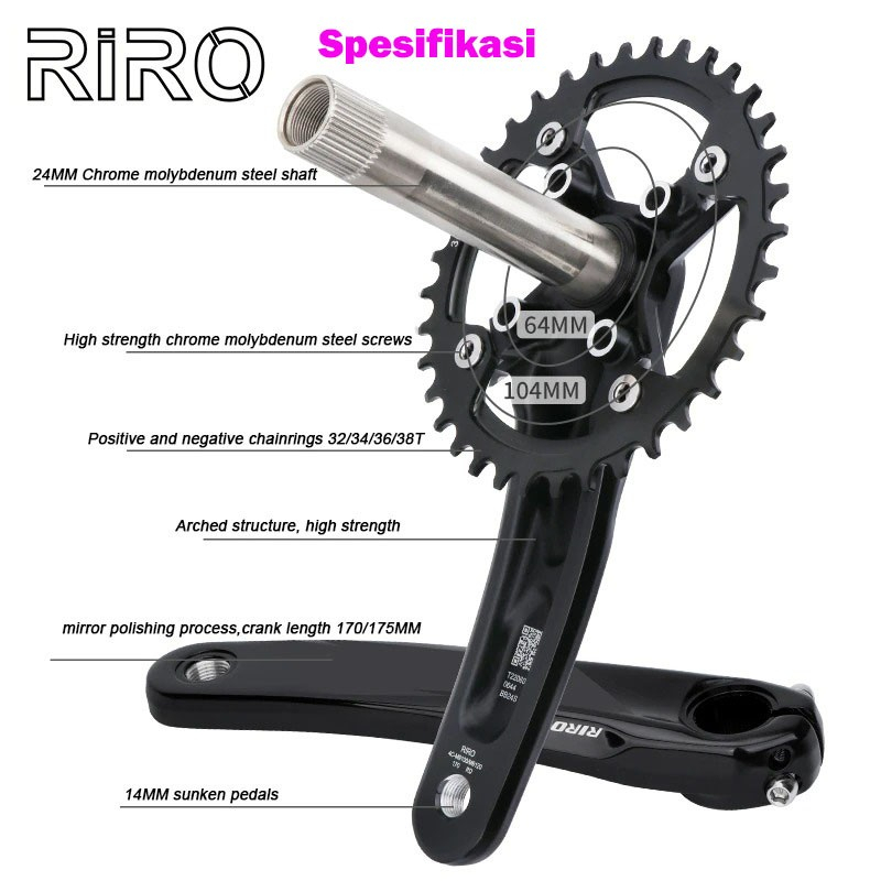 Jual RIRO XT Crankset BB HT2 Hollowtech Crank Only BCD 104 NO BB Hitam ...