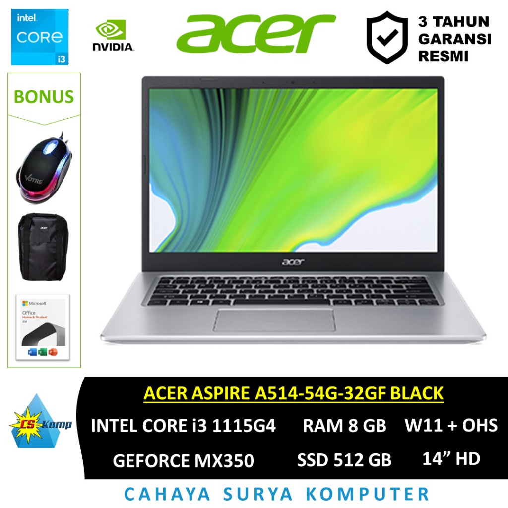 Jual ACER ASPIRE A514-54G-32GF Black Intel Core I3 1115G4 NVidia ...