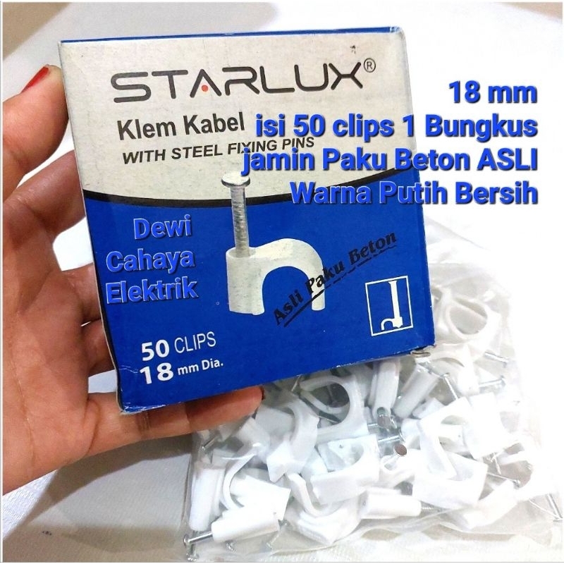Jual Starlux Klem Kabel 18mm Paku Beton Asli isi 50 Clips Warna Putih ...