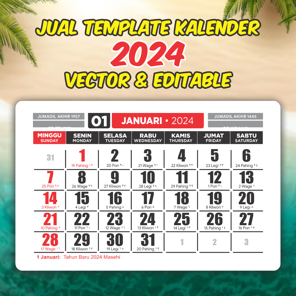 Jual Template Kalender Tahun 2024 tipe CDEAB, 6 macam desain terpopuler