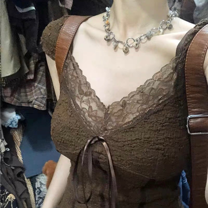 Jual Nora Brown Lace Top Atasan wanita korea coklat renda y2k vintage