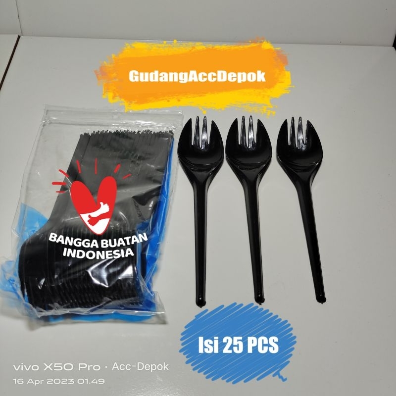 Jual Isi 25pcs Sendok Garpu 2in1 Hitam Sendok Makan Garpu Makan