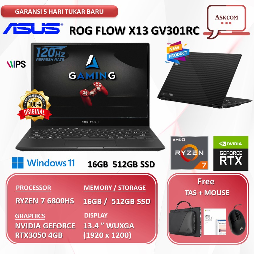 Jual Laptop Gaming Asus Rog Flow X13 GV301RC R735A6T-O Touch RTX3050 ...