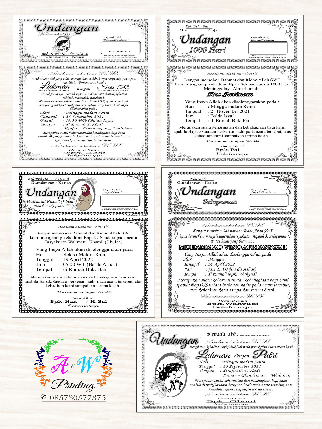 Jual Undangan TAHLILAN / PENGAJIAN 7 / 40 / 100 / 1000 HARI WAFAT
