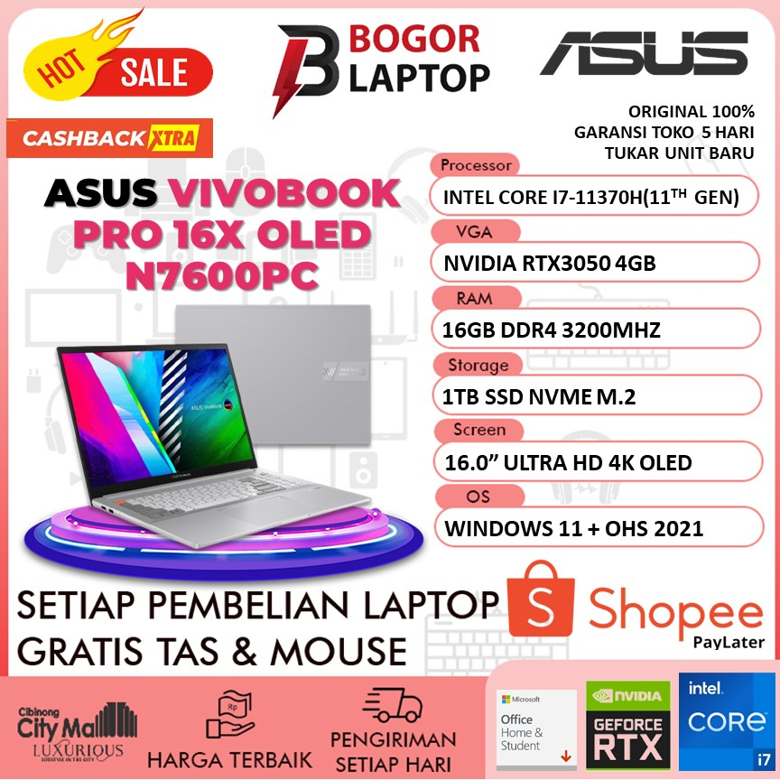 Jual Asus Vivobook Pro 16 Oled N7600pc Oled714 4k I7 11370h 16gb 1tbssd Rtx3050 4gb W11ohs 160 6959