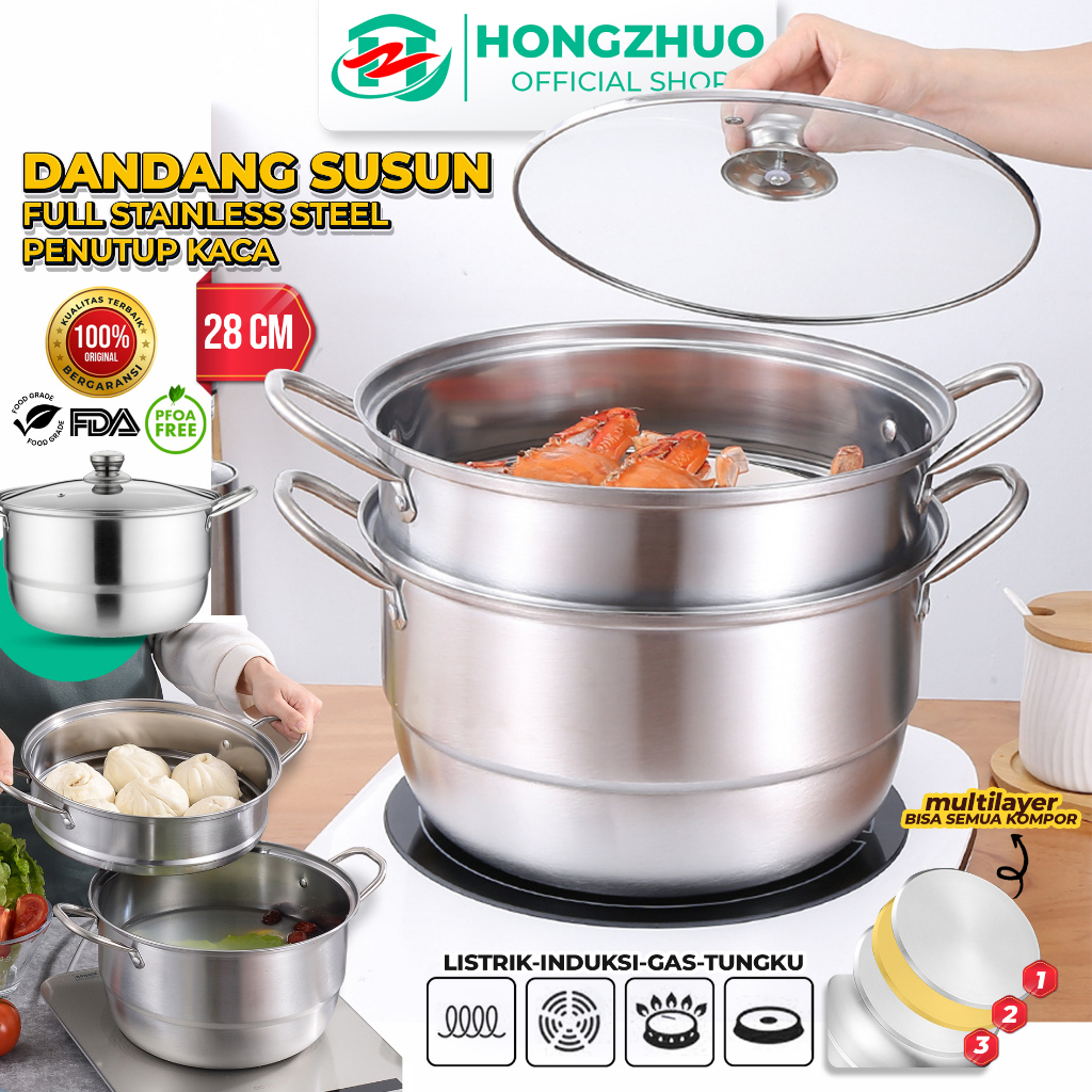 Jual Hongzhuo Panci Kukus 2 Susun Steamer Stainless Steel Tebal Dandang Tutup Kaca Cooking Pot 6129