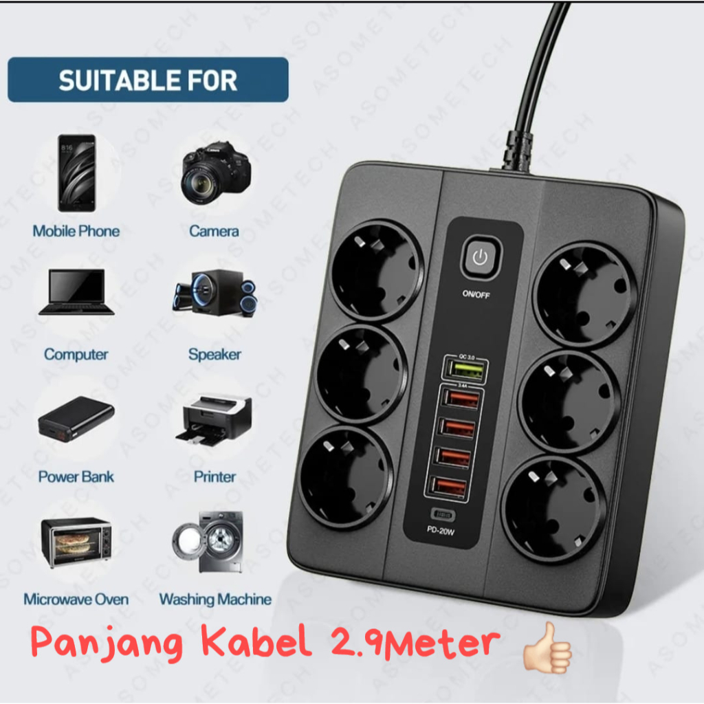 Jual Power Soket 6 colokan stop kontak 5 USB A, 1 USB C 3000watt BKL ...