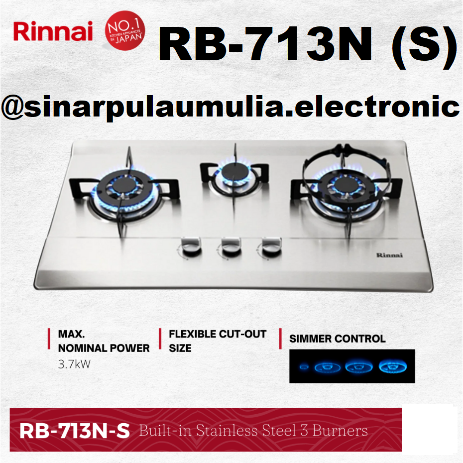 Jual Rinnai Kompor Tanam Stainless 3 Tungku RB-713N(S) / RB 713NS / RB ...