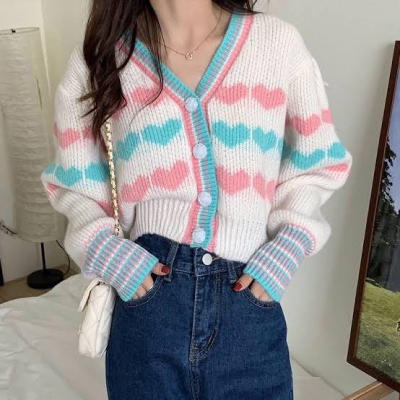 Chicory Coffee V Neck Metallic Heart Button Knit Cardigan main image 0