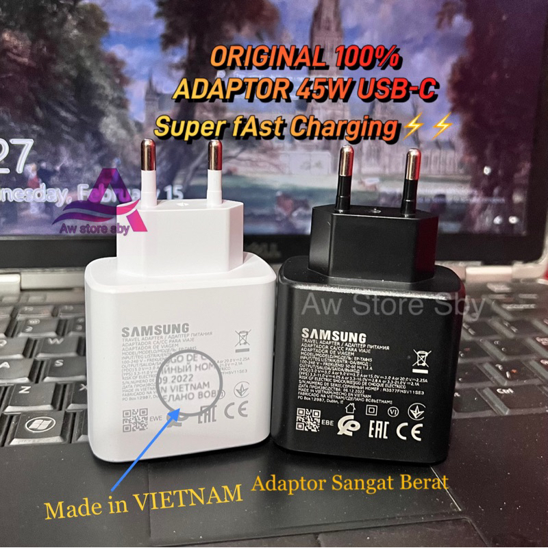 CHARGER SAMSUNG 45W USB C TO C SUPER FAST CHARGE A71/A72/A73/A51/ Note 10/  S10/S10+/S20/S20+/M23/M52/M62/M53/A33/A53 45 WATT