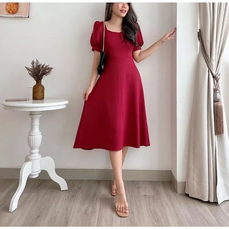 Abelia Dress Midi Scuba Model Flare Skirt - Dress Wanita Scuba Premium