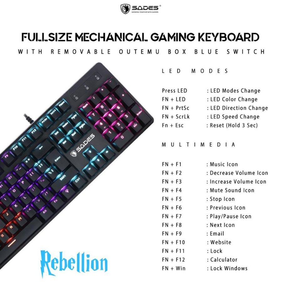 Jual Keyboard Gaming Mechanical Sades Rebellion / Outemu Removable ...