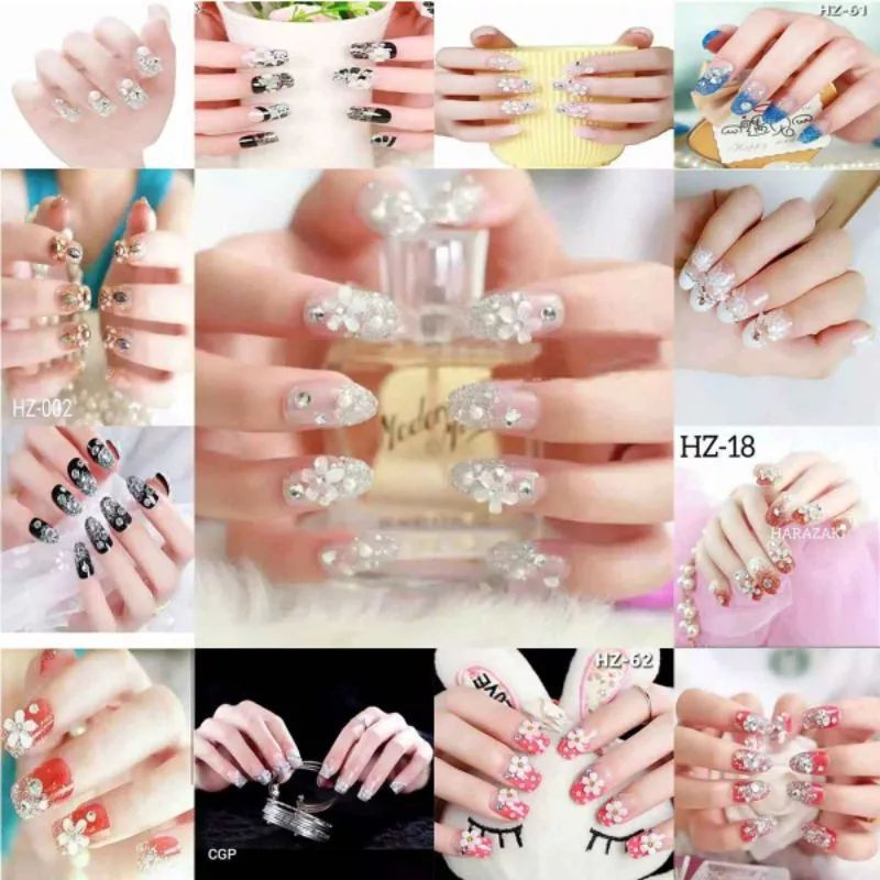 Jual Wedding Party Fake Nail Clear Rhinetone Flower Kuku Palsu 3d Lem Dibalik Kuku Shopee 