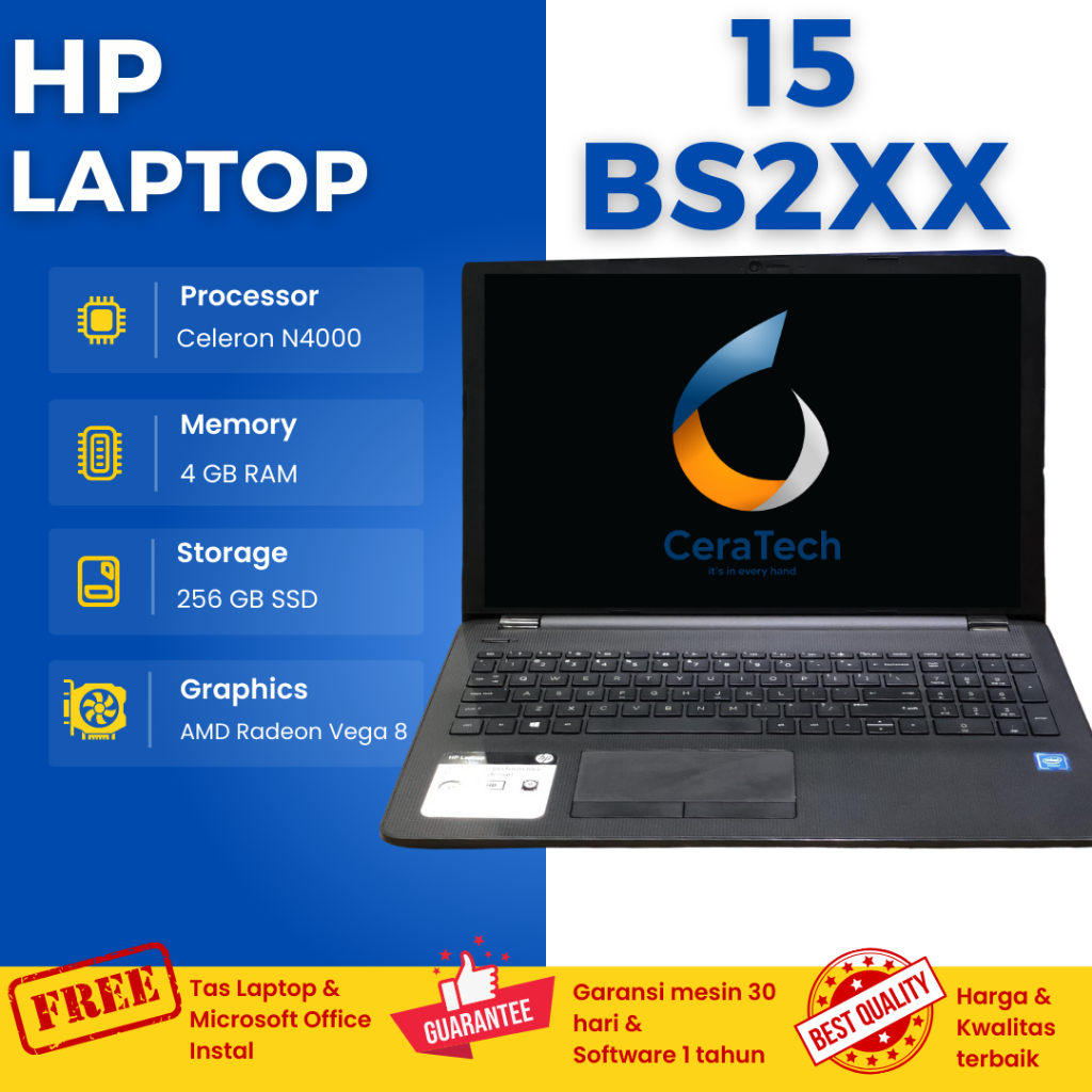 Jual LAPTOP HP 15BS2XX / INTEL CELERON N4000 / RAM 4 / SSD 256GB