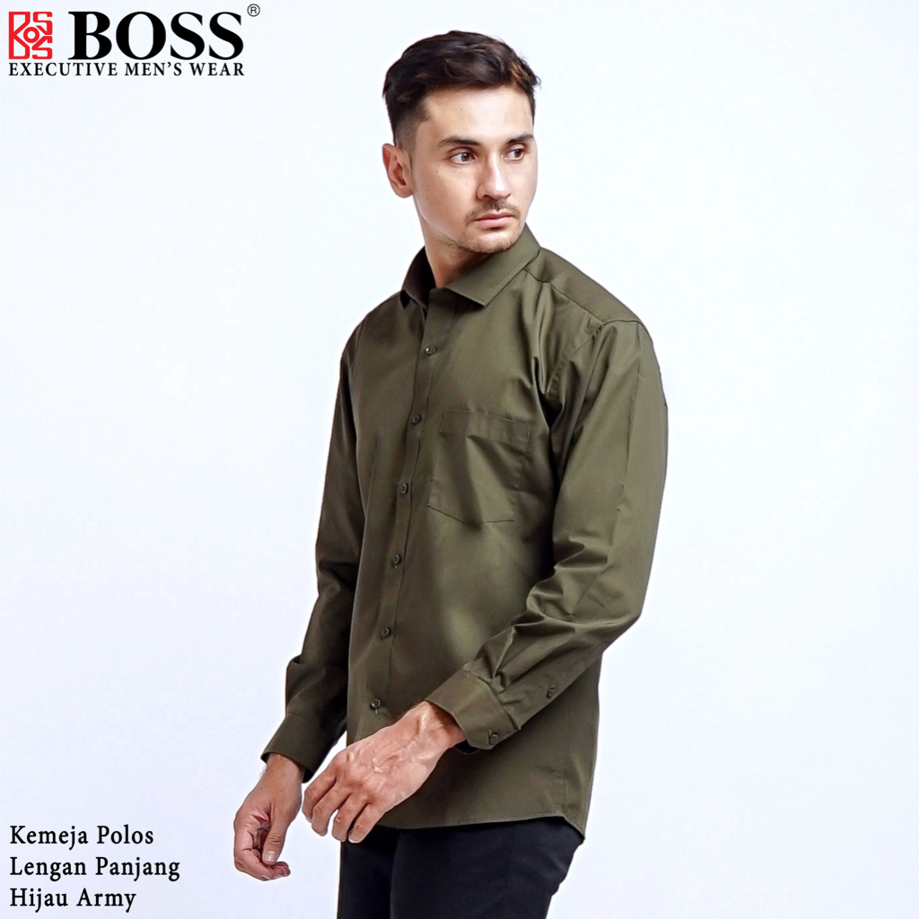 BOSS Kemeja Polos Pria Lengan Panjang Hijau Army