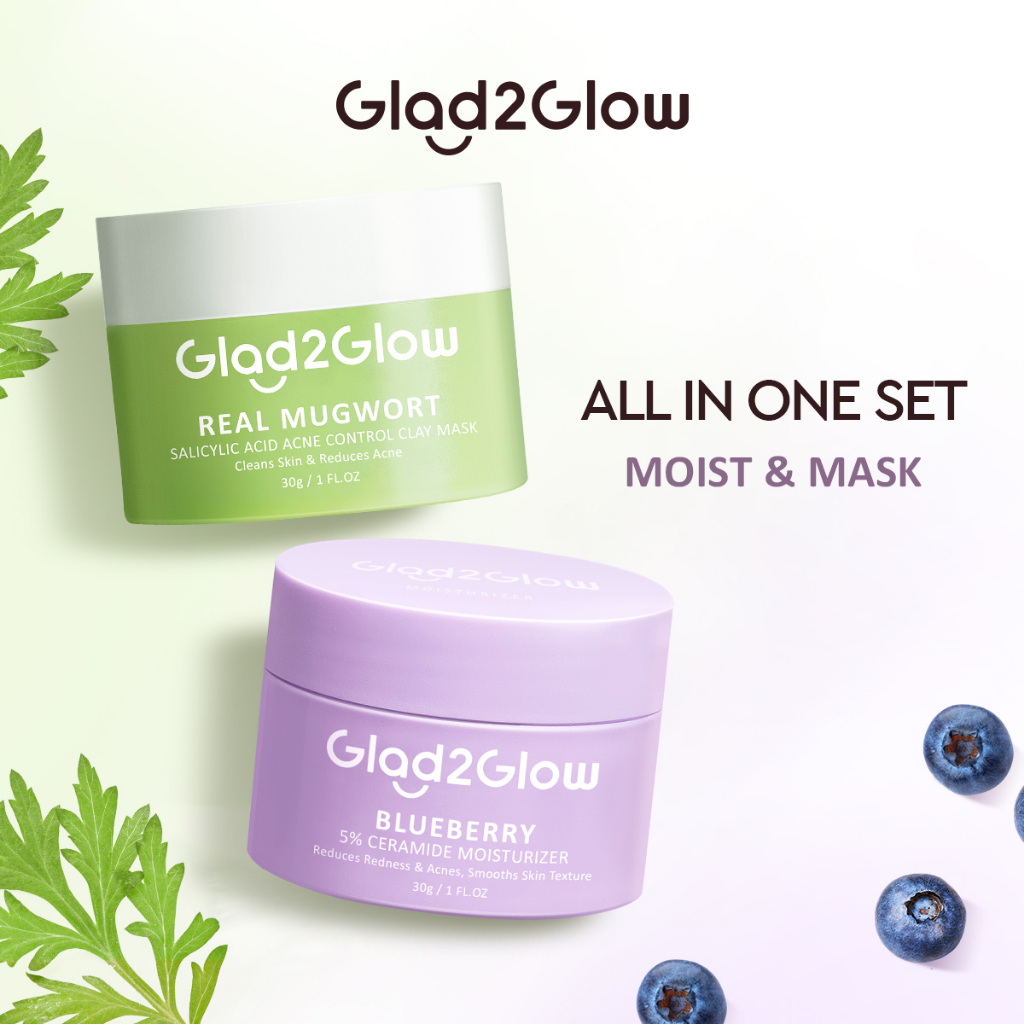 Jual Glad2Glow Paket Skincare 2pcs Set + Blueberry Moisturizer Cream 5x