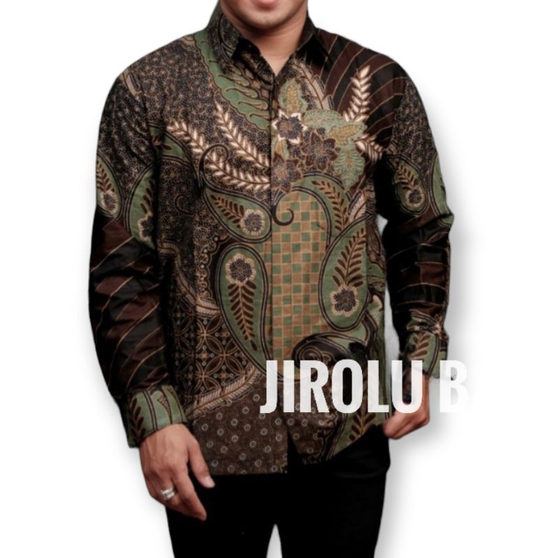 Jual Jirolu batik Batik pria hijau kemeja lengan panjang | Shopee Indonesia