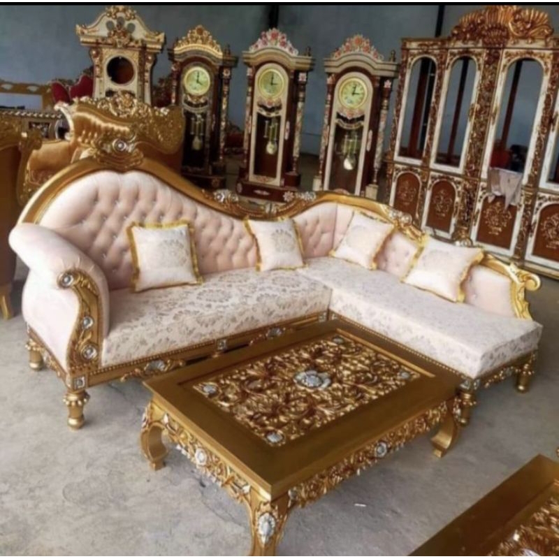 Jual Sofa Jati mewah Finishing gold model L + meja Shopee Indonesia
